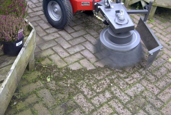 Cleaning block paving under garden centre plant display benches - Cover Image